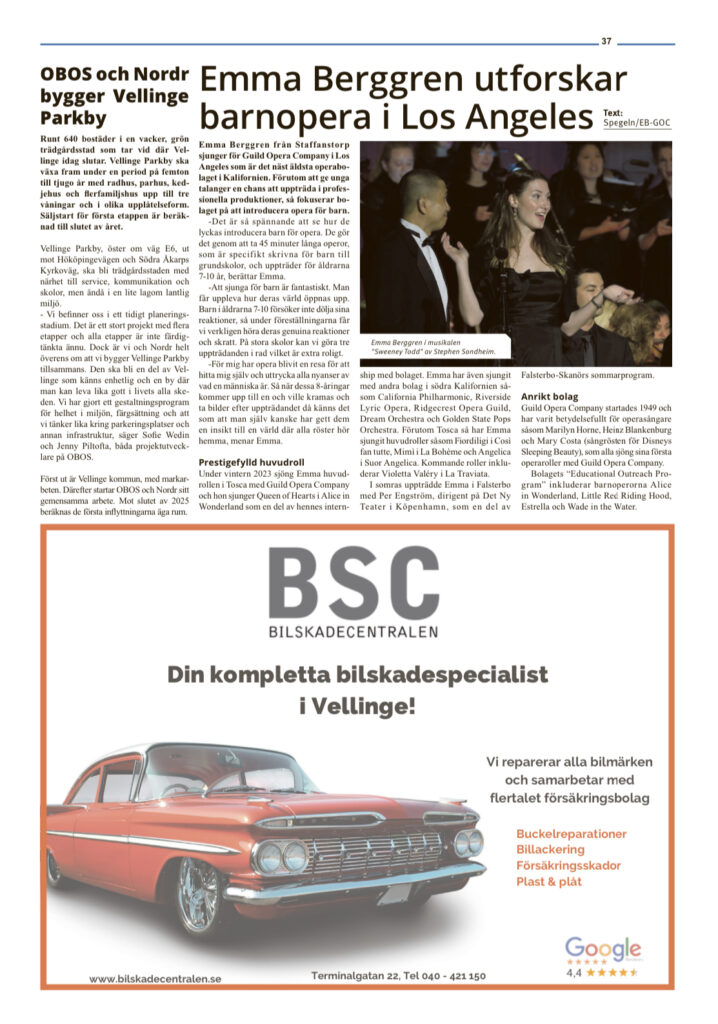 April 2023 Spegeln & VellingePosten - Emma Berggren - barnopera - klassisk musik - opera - Tosca - La traviata - La boheme - Cosi fan tutte - Suor Angelica - Sverige